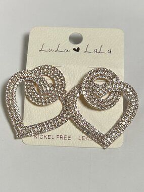 LuLu LaLa Gold Rhinestone Double Heart Drop Earrings NWT